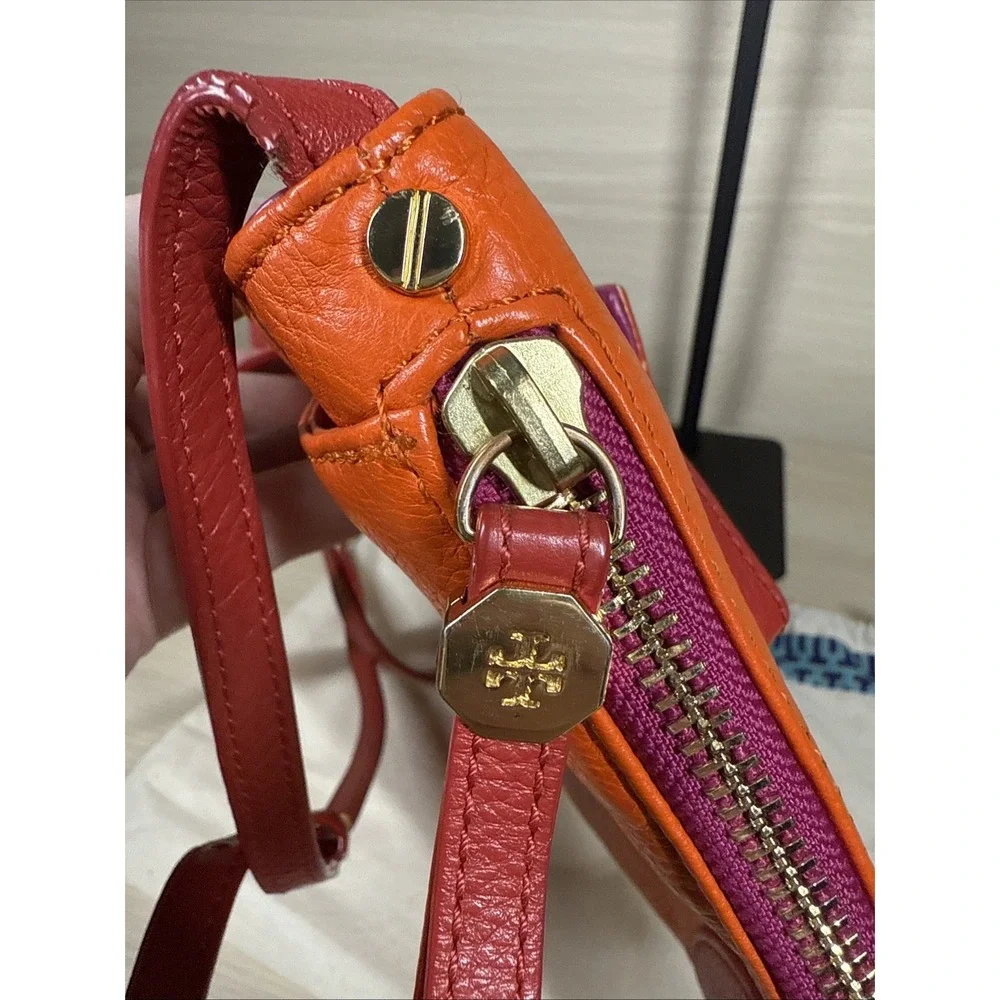 Tory Burch Pebbled Leather Crossbody‎ Bag Orange Red Leather Gold Expandable